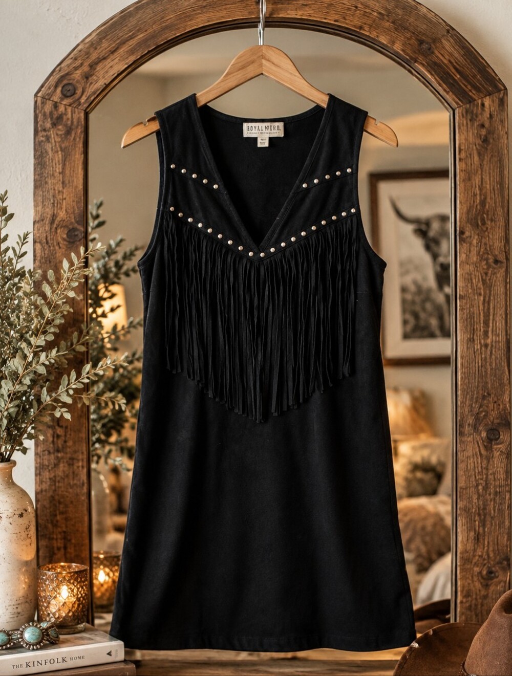 IDYLLWIND Black Fringe Sleeveless Western Cowgirl Chic Black Mini Dress Size Med